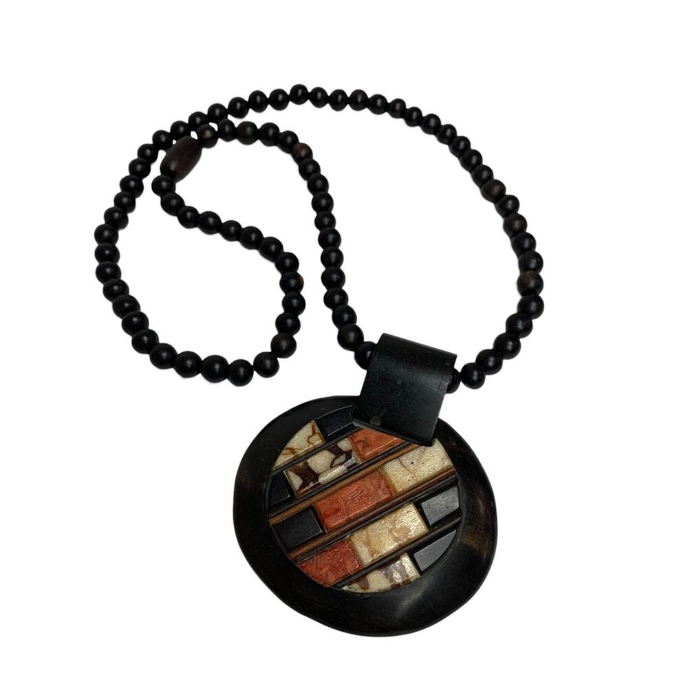 Vintage Wooden Beaded Pendant Statement Necklace Boho Style 30" Overhead